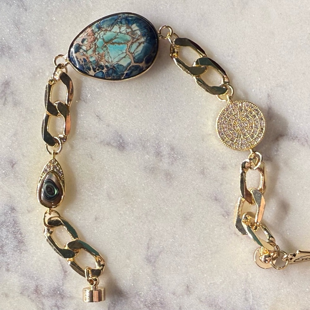 Enchanted Blue Marbled Stone Bracelet•Gold Chain Links • Princess/Villain Bound